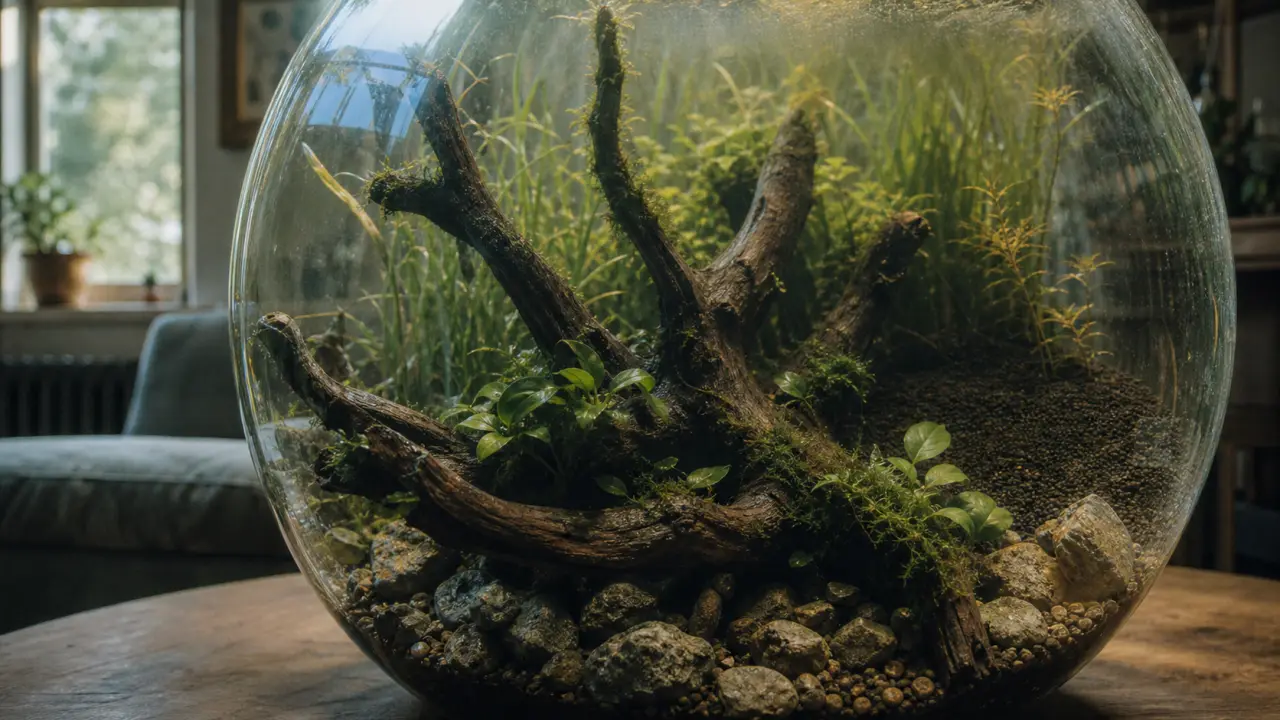 Decoration aquarium naturel : racine sombre sur pierres inertes, eau douce
