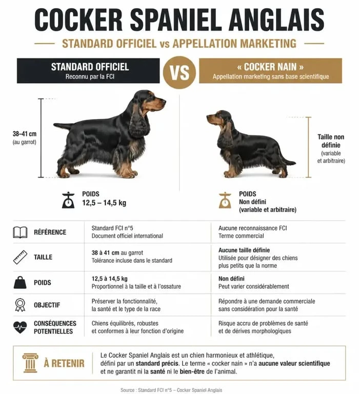 Infographie comparative entre le standard officiel du Cocker Spaniel Anglais et le mythe du cocker nain