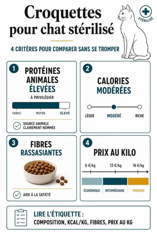 Comparatif des meilleures croquettes pour chat stérilisé selon protéines, calories, fibres et budget
