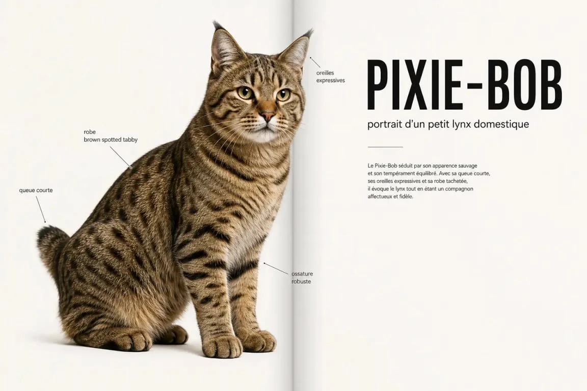 Pixie Bob chat en portrait éditorial montrant sa robe tachetée et sa queue courte