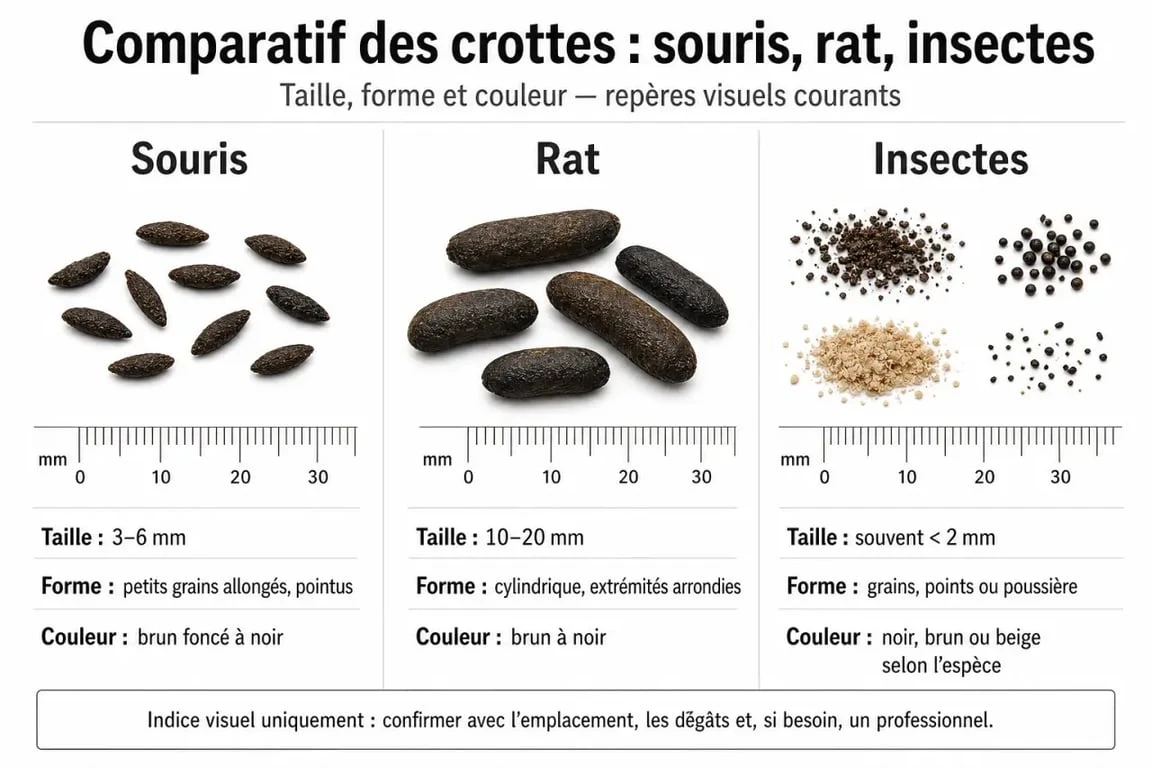 Comparaison visuelle des crottes de souris, rats et insectes pour identification.