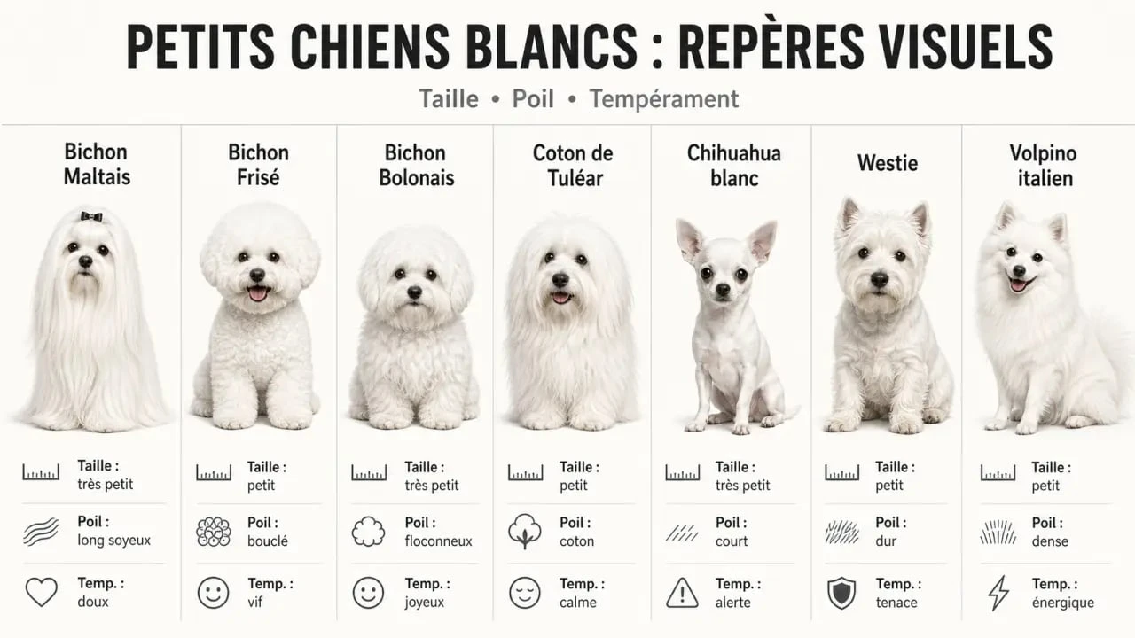 Comparatif des races de chien petit blanc avec tailles, poils et tempéraments