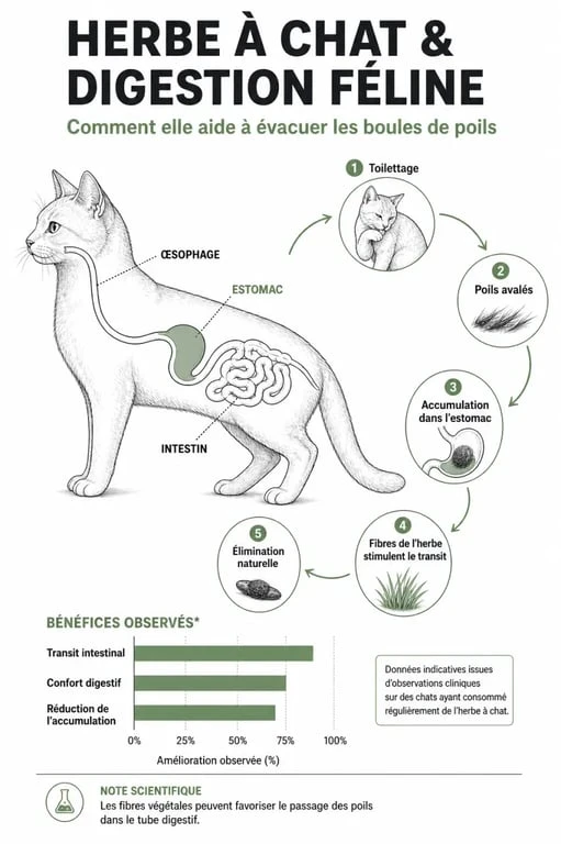 Infographie sur les bienfaits de l'herbe à chat pour la digestion et le bien-être du chat
