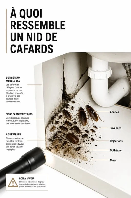 À quoi ressemble un nid de cafard dans une cuisine, avec déjections et oothèques visibles
