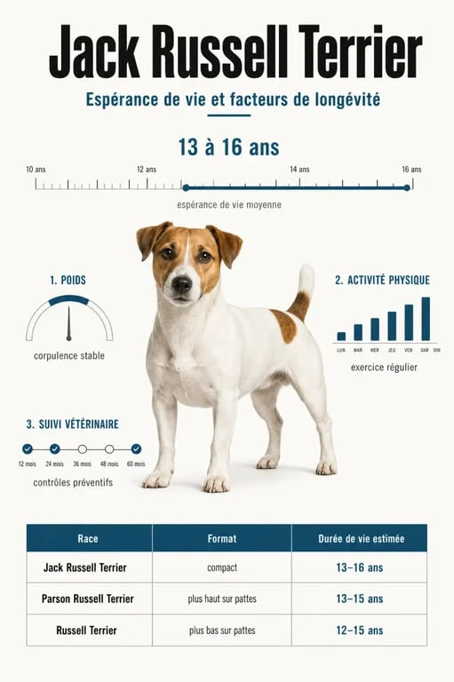 Espérance de vie jack russel : infographie éditoriale comparant la durée de vie du Jack Russell Terrier avec le Parson Russell Terrier et le Russell Terrier
