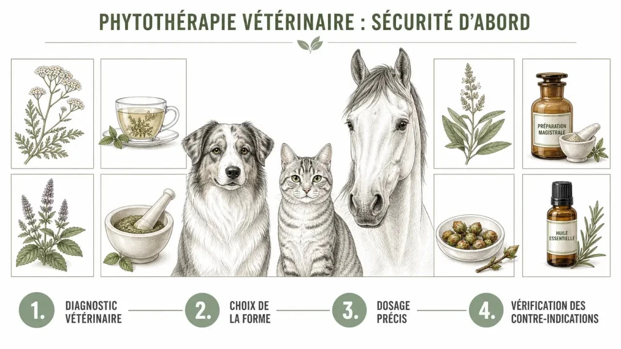 Phytothérapie animale : schéma éditorial sur les formes de plantes, le dosage et la sécurité pour chien, chat et cheval