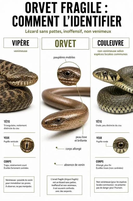 Orvet morsure : comparaison visuelle entre orvet, vipère et couleuvre