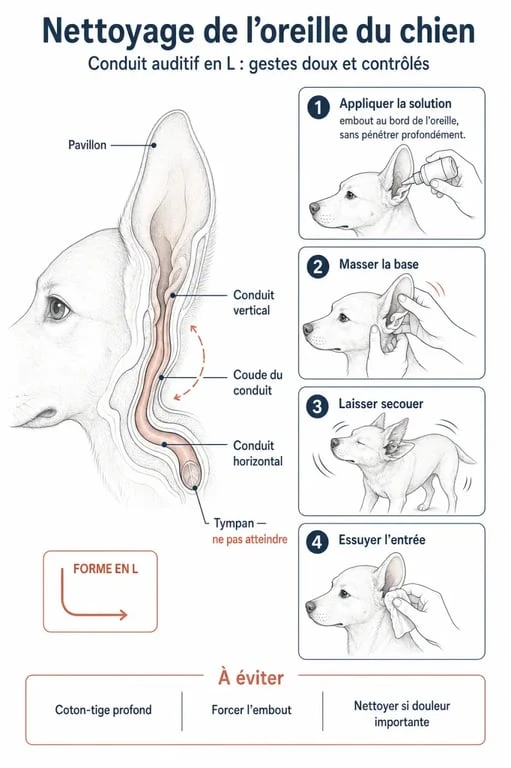 Schéma explicatif pour nettoyer les oreilles d'un chien naturellement