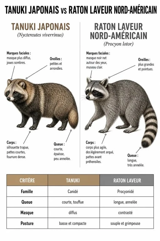 Infographie comparative entre un tanuki et un raton laveur pour distinguer les deux espèces