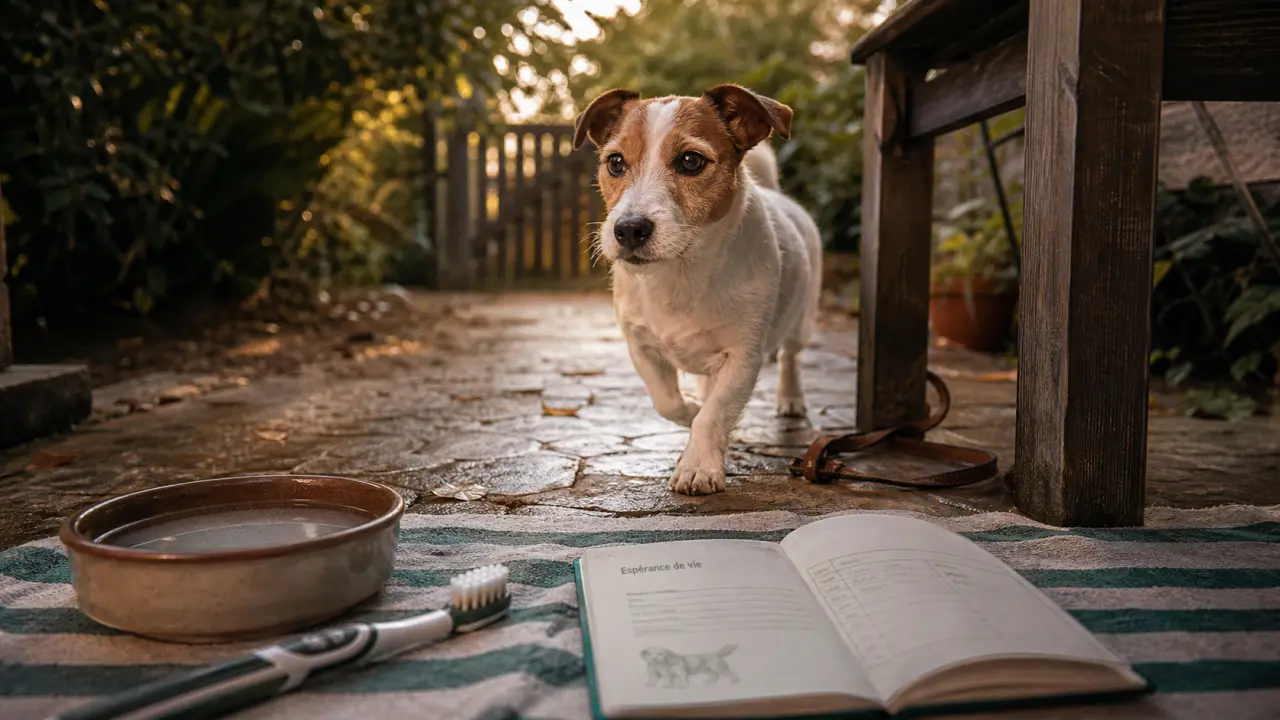 Esperance de vie jack russel 13 à 16 ans, chien alerte sur jardin humide