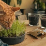Herbe a chat en pot : chat roux qui broute pour la digestion
