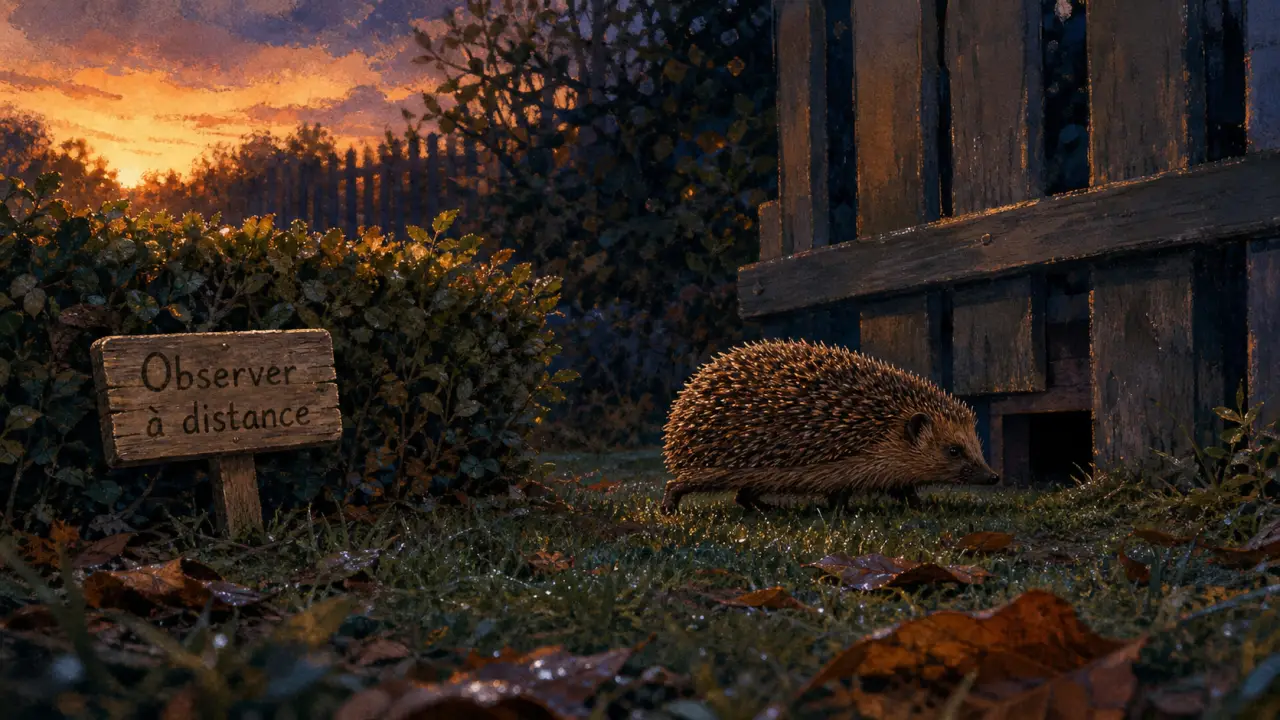 Herisson dans le jardin, observation à distance près de la haie