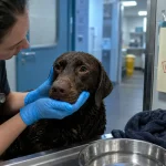 Leptospirose chien symptômes : vétérinaire examine un chien malade