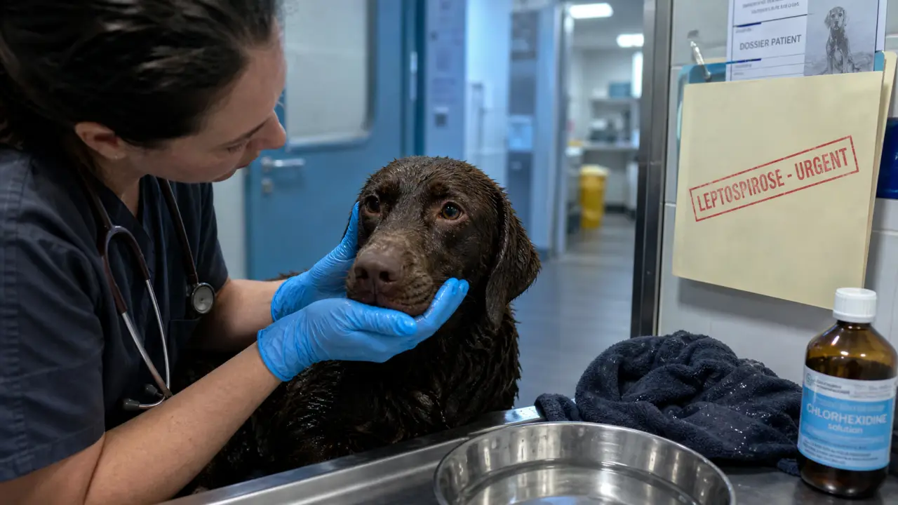 Leptospirose chien symptômes : vétérinaire examine un chien malade