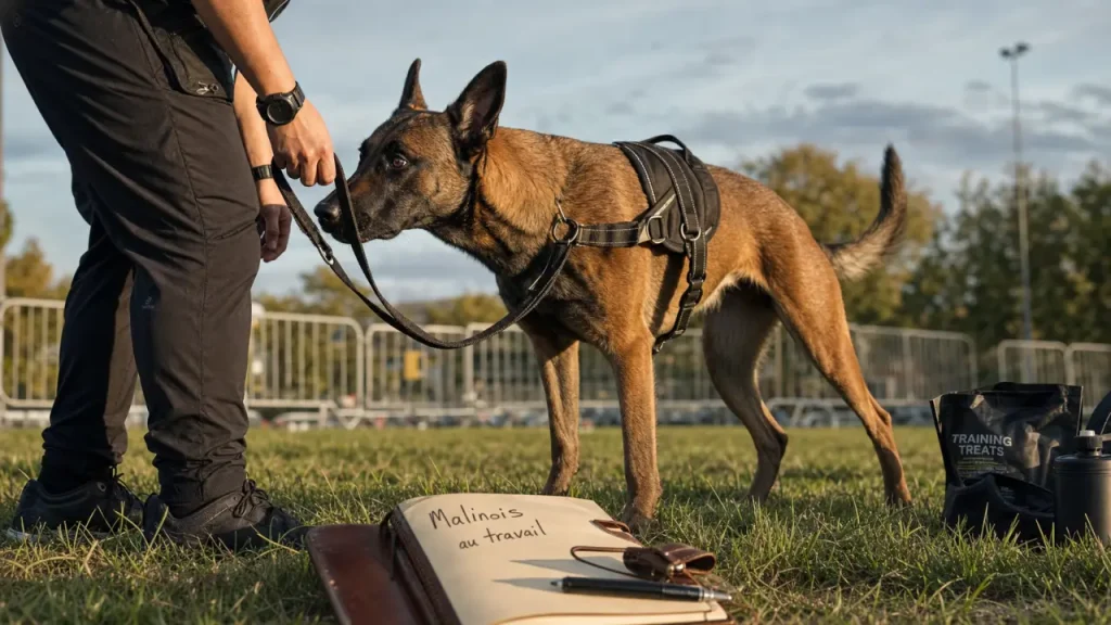 Malinois belge en laisse avec éducateur au parc