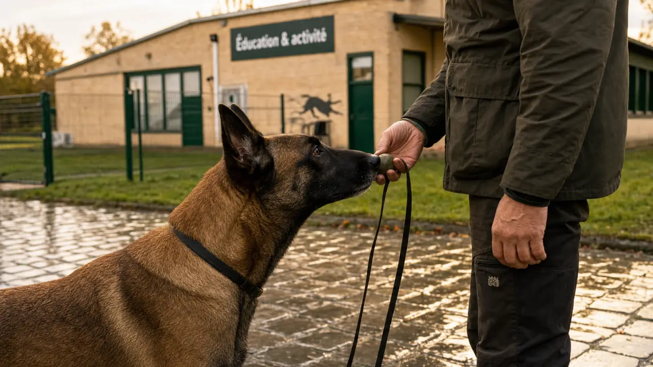 Malinois belge fauve charbonné près de la main du maître