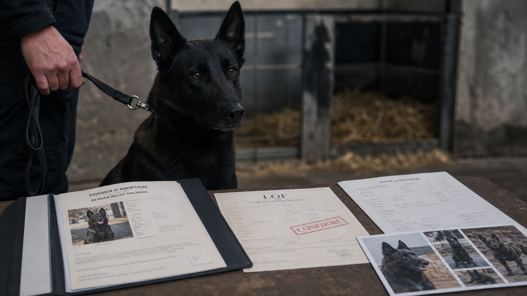 Malinois noir au dossier d’adoption LOF tamponné, robe rare