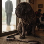 Mâtin de Naples dangereux, portrait vigilant près d’une porte vitrée
