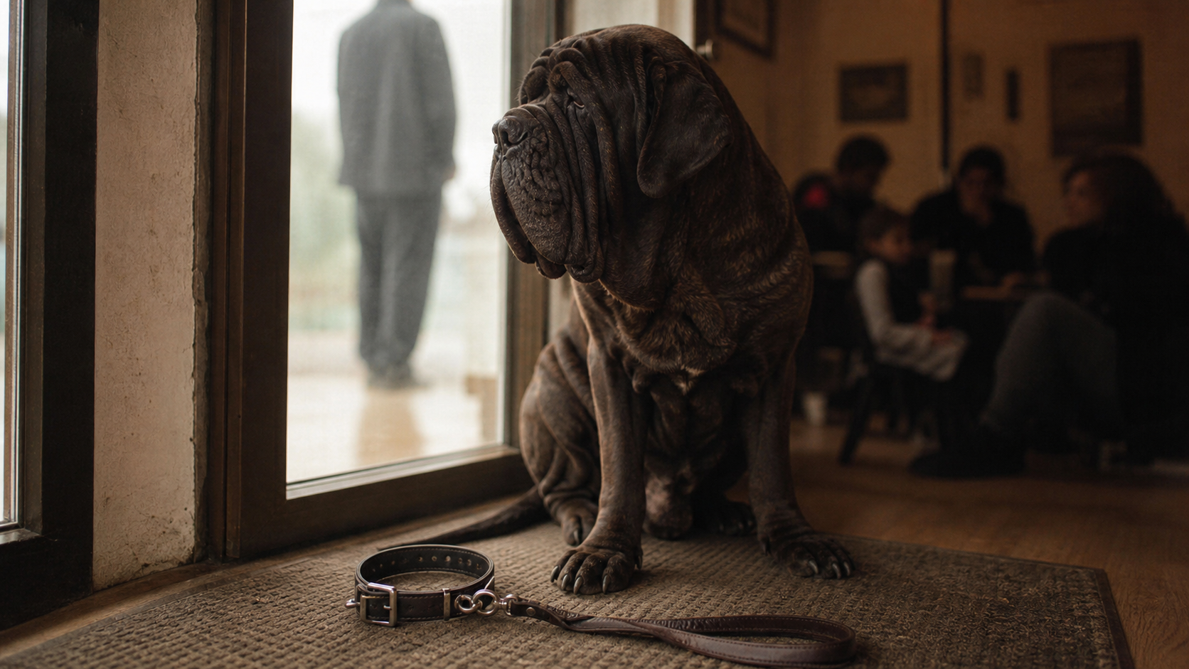 Mâtin de Naples dangereux, portrait vigilant près d’une porte vitrée