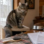 Menkoun chat Maine Coon brun sur arbre à chat près d’une fenêtre