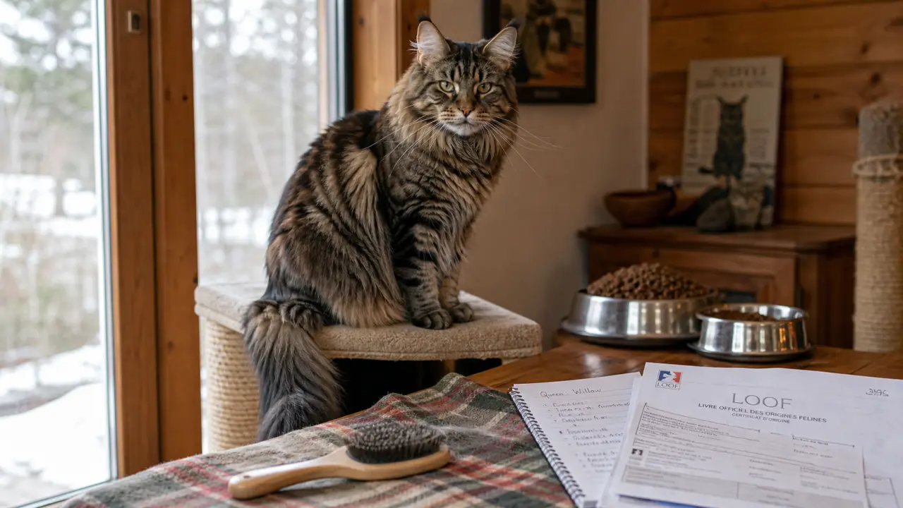 Menkoun chat Maine Coon brun sur arbre à chat près d’une fenêtre