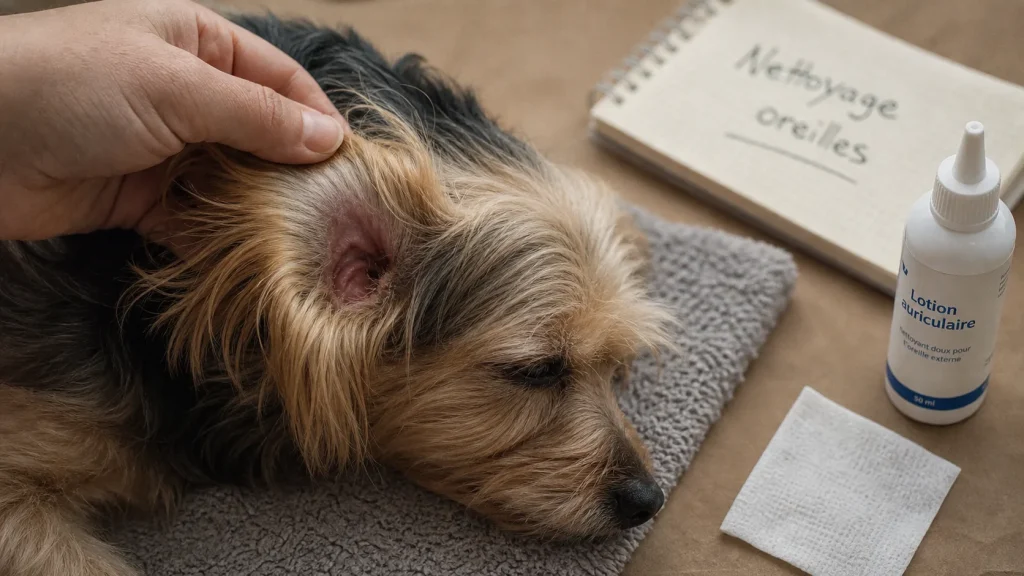 Nettoyage oreilles chien avec compresse non pelucheuse et lotion auriculaire
