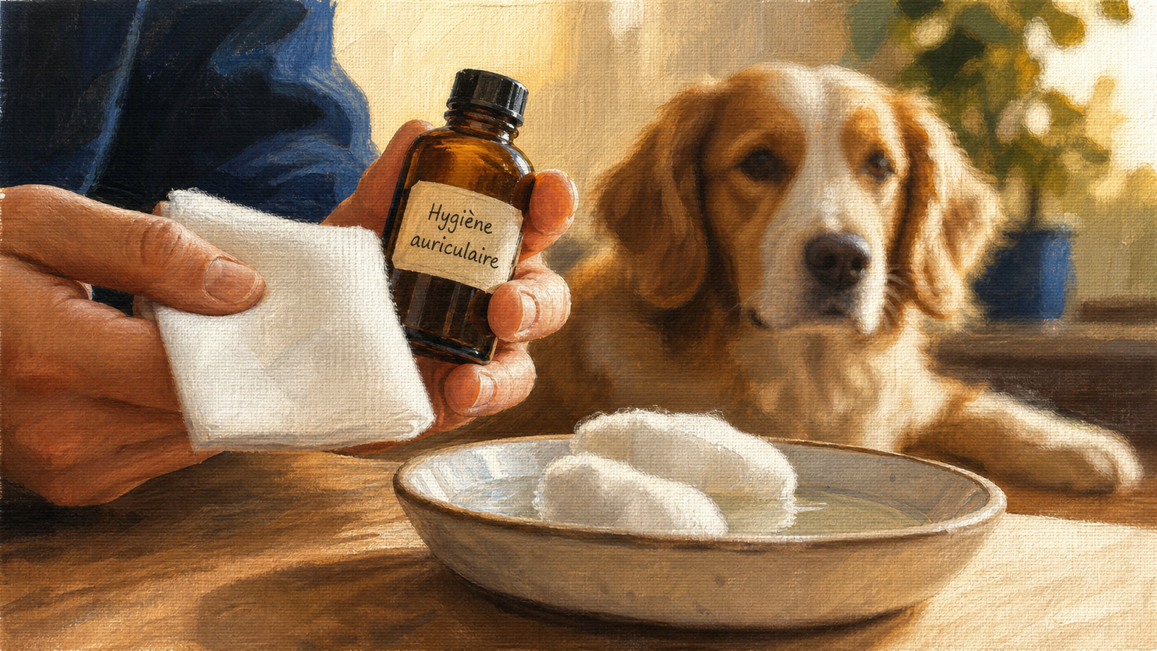 Nettoyer les oreilles d'un chien naturellement, hygiène auriculaire avec compresse et solution