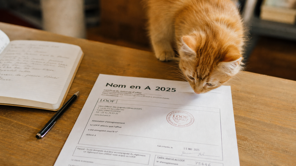 nom chat 2025 lettre A : carnet et formulaire LOOF avec chaton