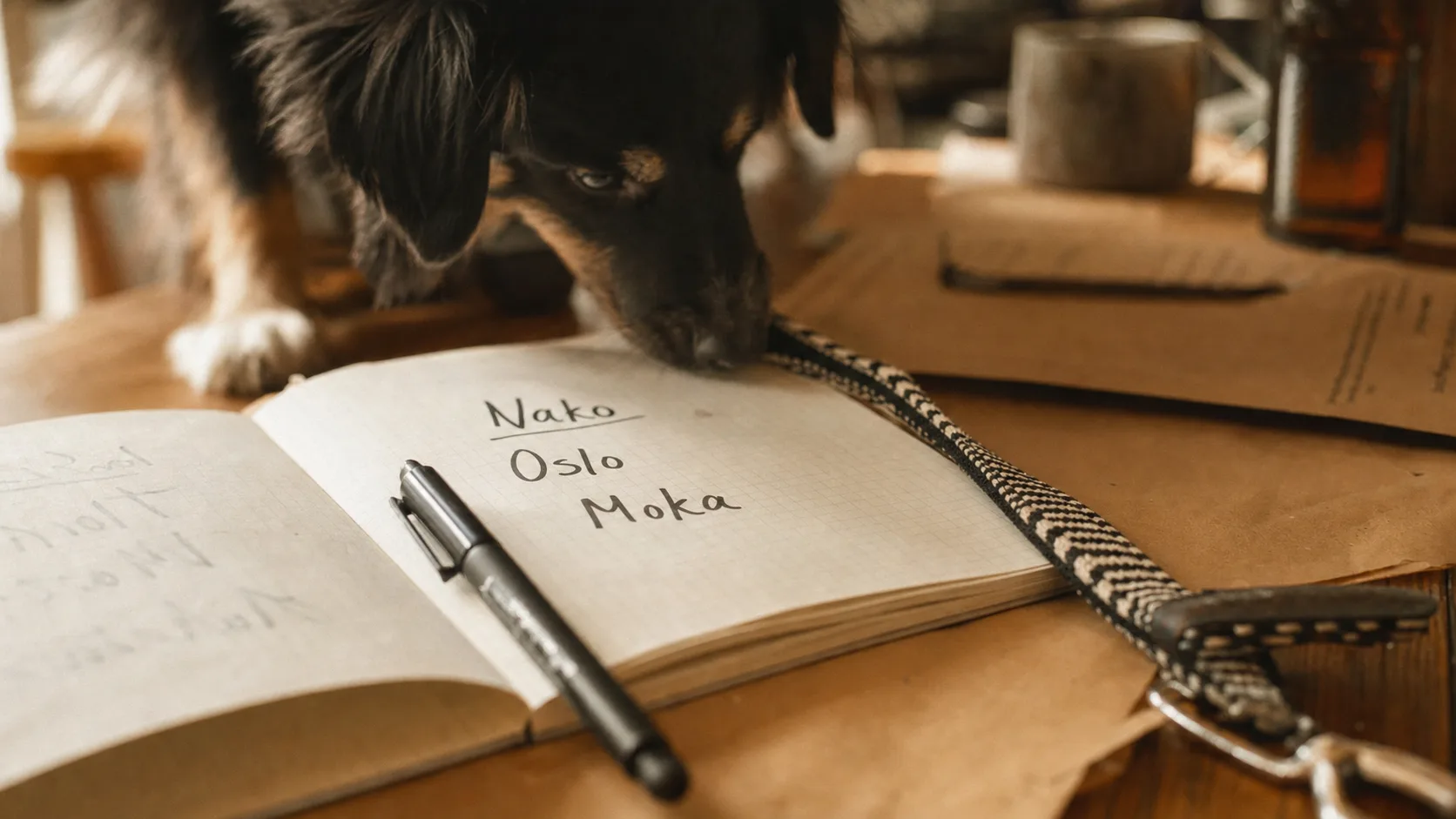 Nom de chien stylé : prénoms courts sur un carnet avec une laisse