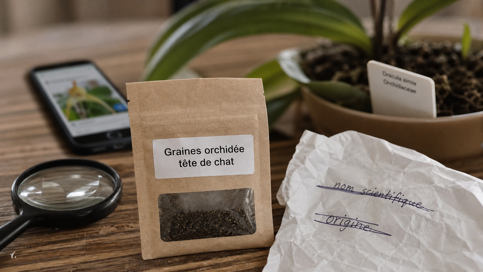 Orchidée tête de chat : sachet de graines et loupe sur table