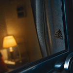 Papillon de nuit dangereux près de la fenêtre, photo nocturne