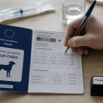 passeport chien ouvert, puce et vaccinations visibles