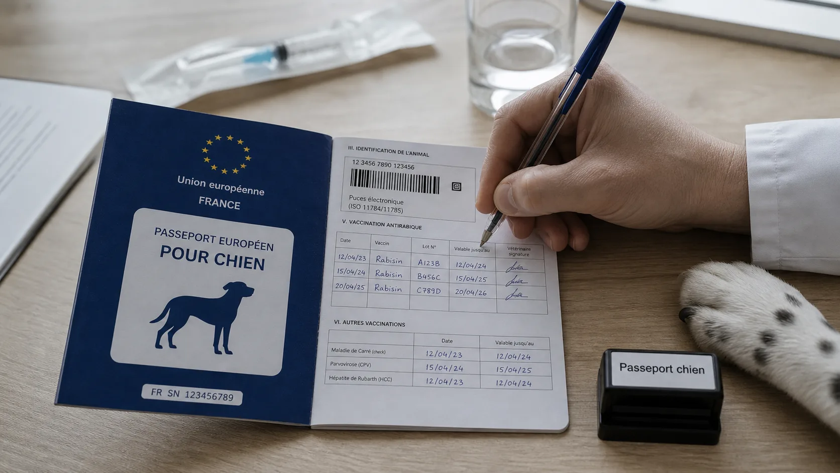 passeport chien ouvert, puce et vaccinations visibles