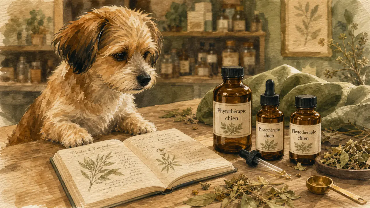 Phytothérapie pour chien : flacons et plantes pour digestion, stress et articulations