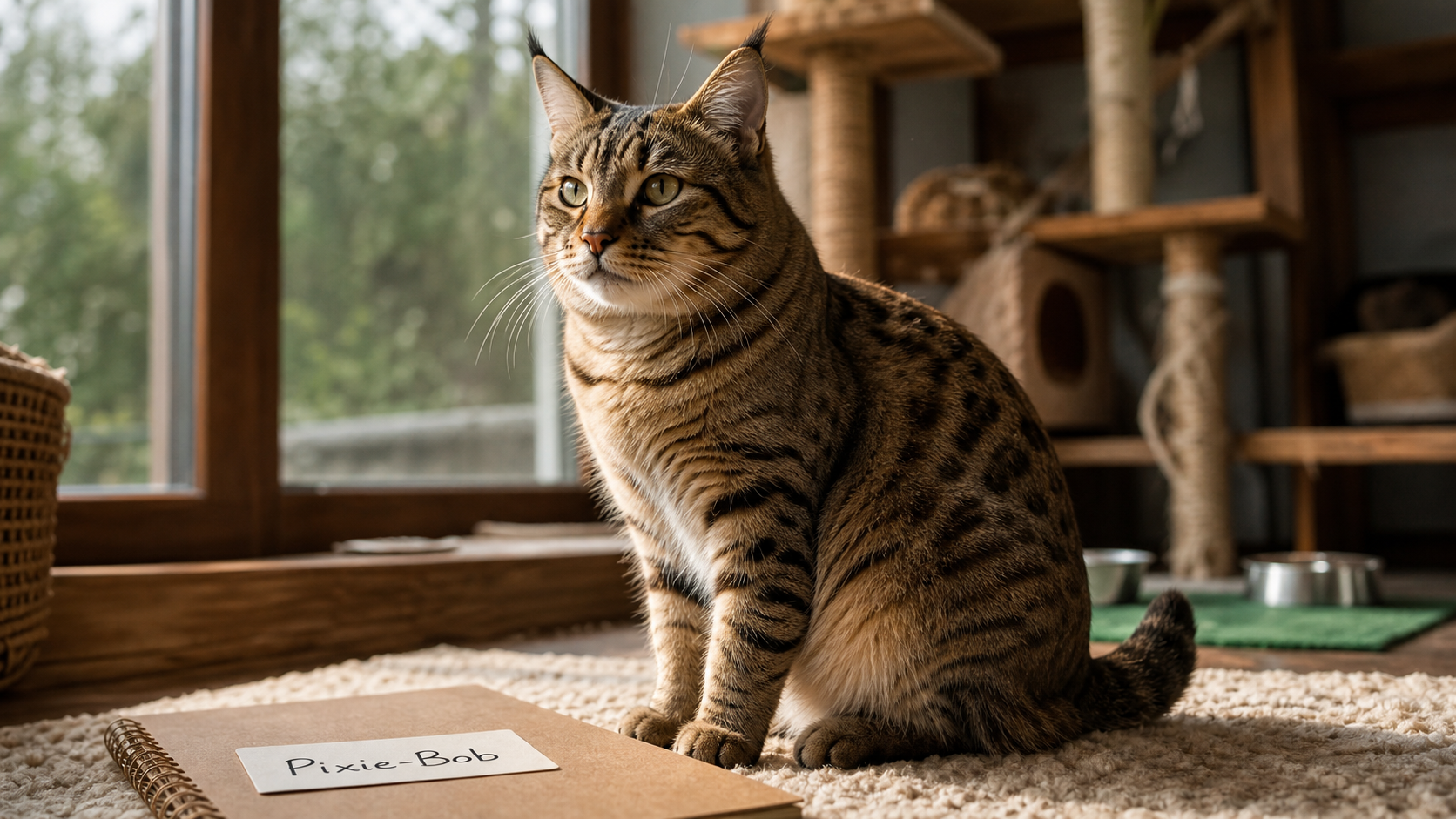 Pixie bob chat tigré à queue courte, robe tachetée près d’une fenêtre