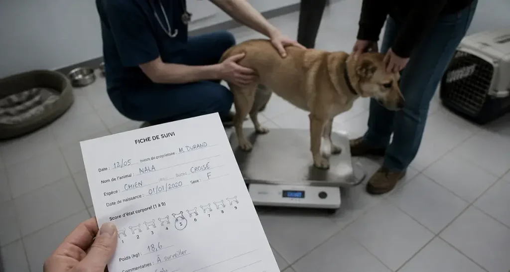 Poids chien : vétérinaire pèse le chien sur balance
