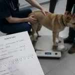 Poids chien : vétérinaire pèse le chien sur balance
