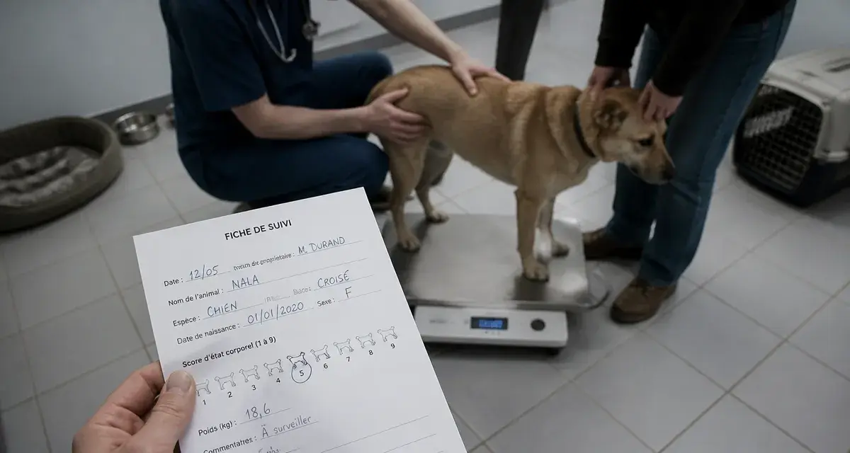 Poids chien : vétérinaire pèse le chien sur balance