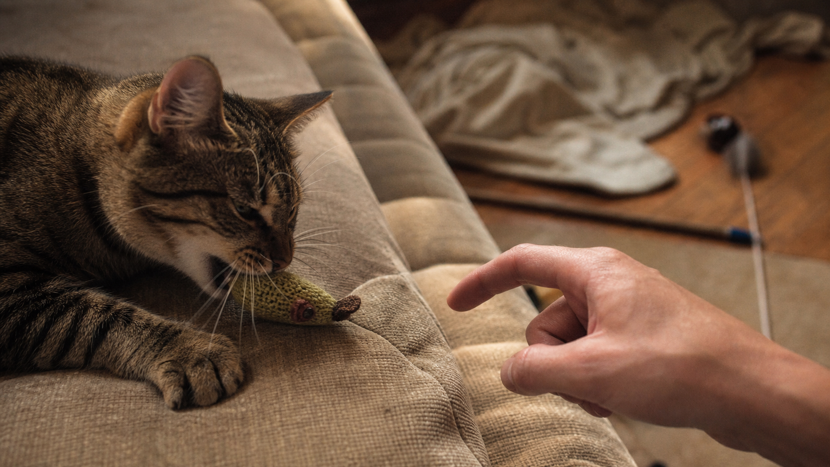 Pourquoi mon chat me mordille : jeu ou affection, chat tigré mordille un jouet
