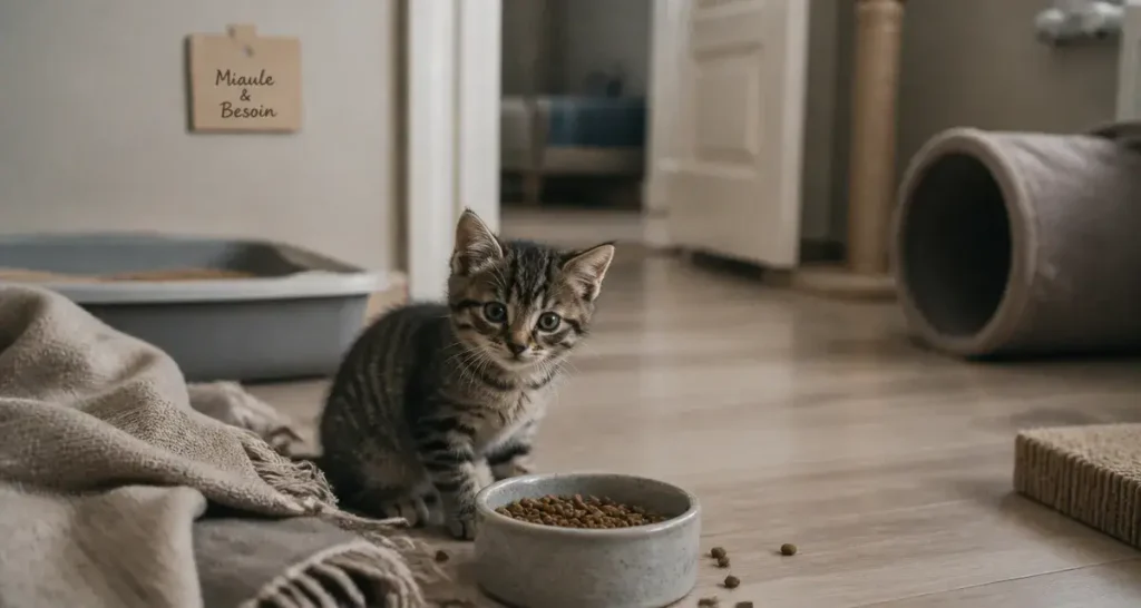 Pourquoi mon chaton miaule tout le temps : chaton tigré près de sa gamelle