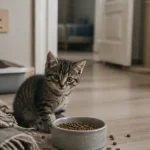 Pourquoi mon chaton miaule tout le temps : chaton tigré près de sa gamelle