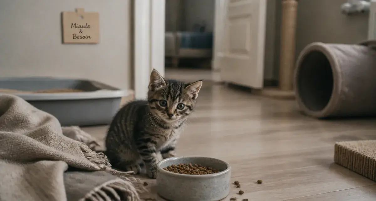Pourquoi mon chaton miaule tout le temps : chaton tigré près de sa gamelle