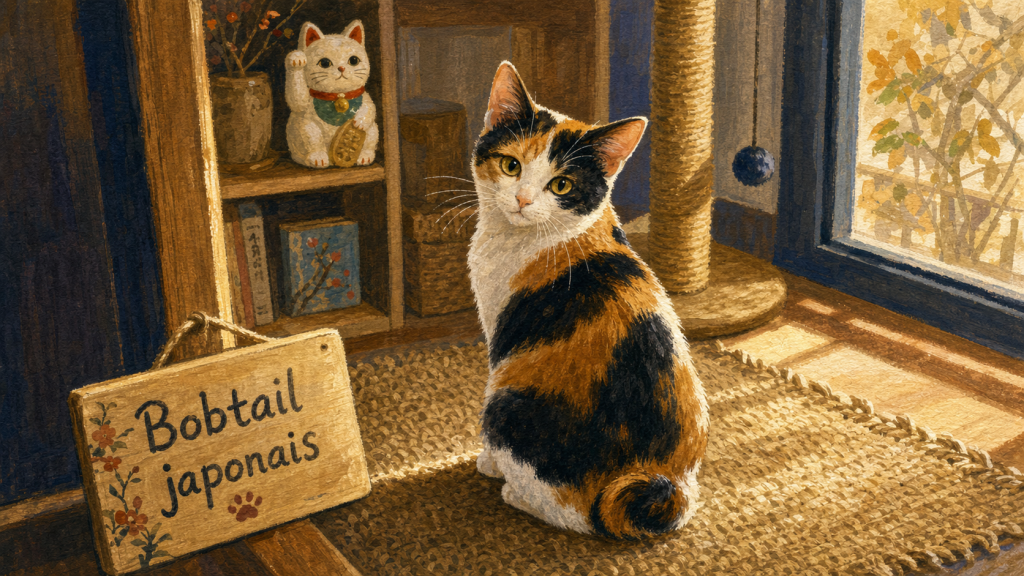 Bobtail japonais, race chat japonais à queue courte et tricolore