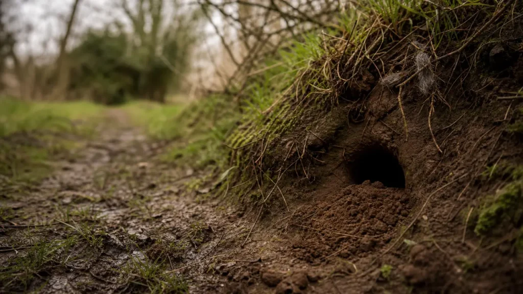 Renard terrier : entrée de terrier avec traces et poils près des renardeaux