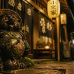 Statue de tanuki japonaise dans une ruelle au crépuscule
