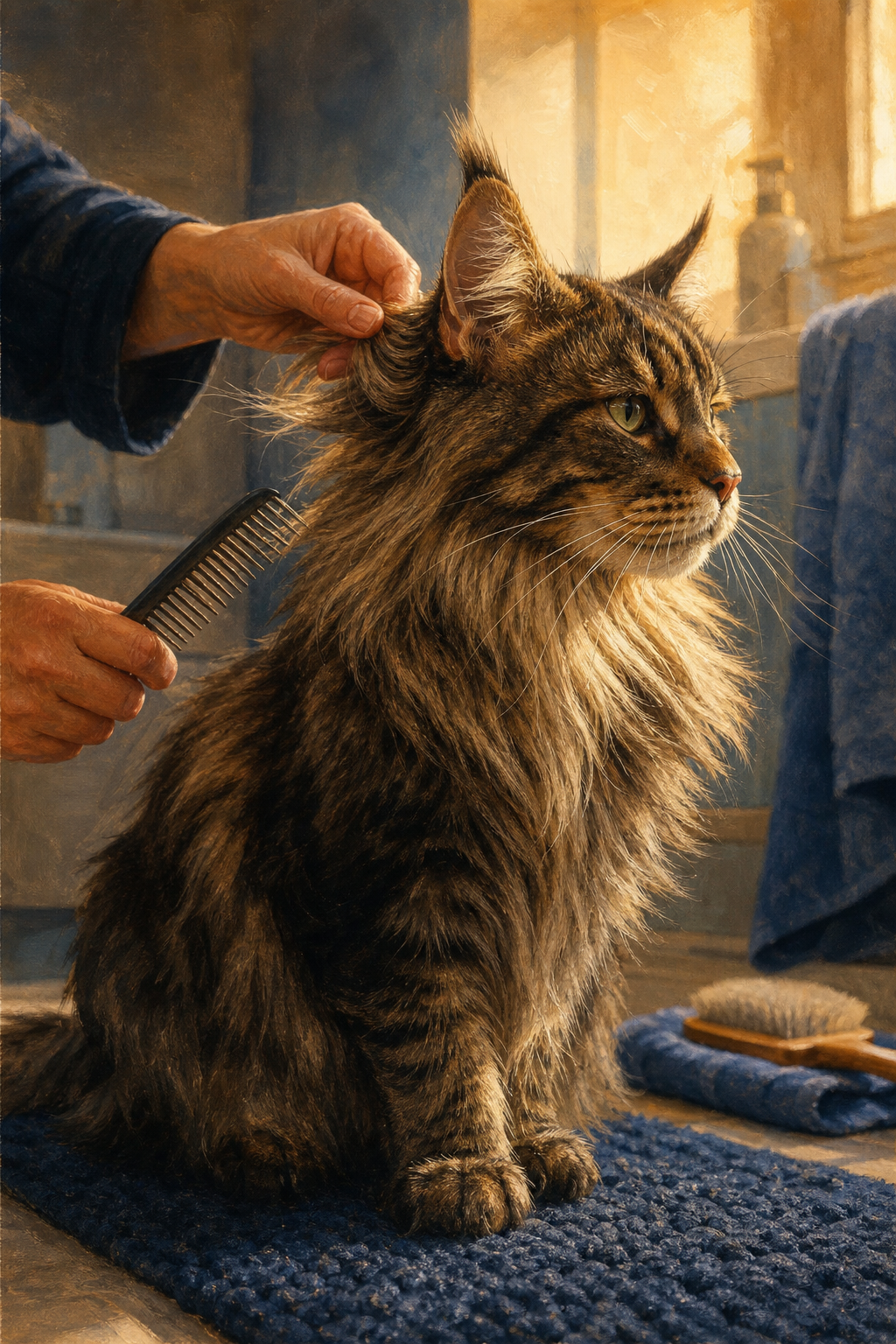 Toilettage Maine Coon : peigne anti-nœuds, pelage sain en salle de bain
