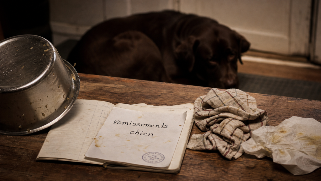Vomissements chien : bile ou sang, chien fatigué près de la gamelle