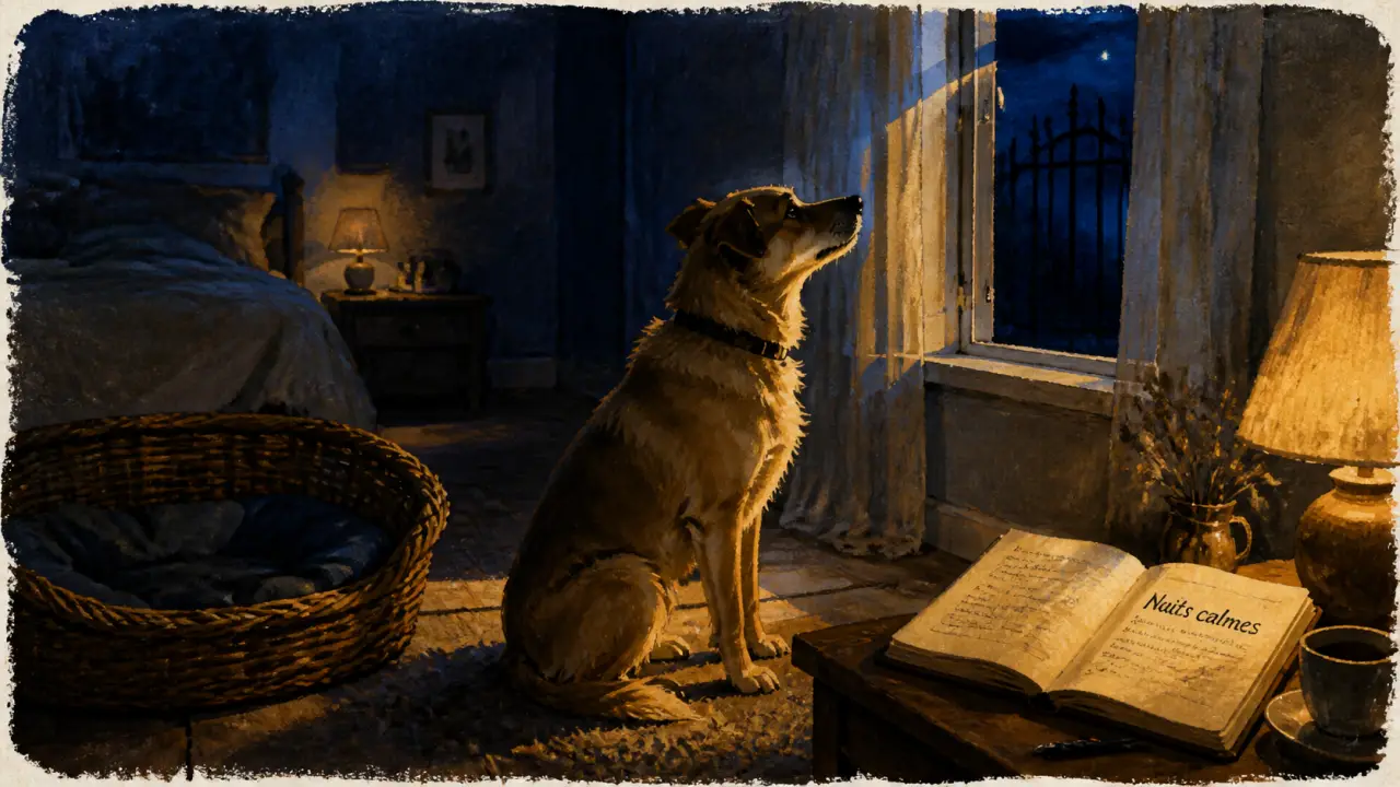 Aboiement chien nuit : chien calme près de la fenêtre entrouverte