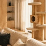 Arbre à chat design en bois clair près d’une baie vitrée