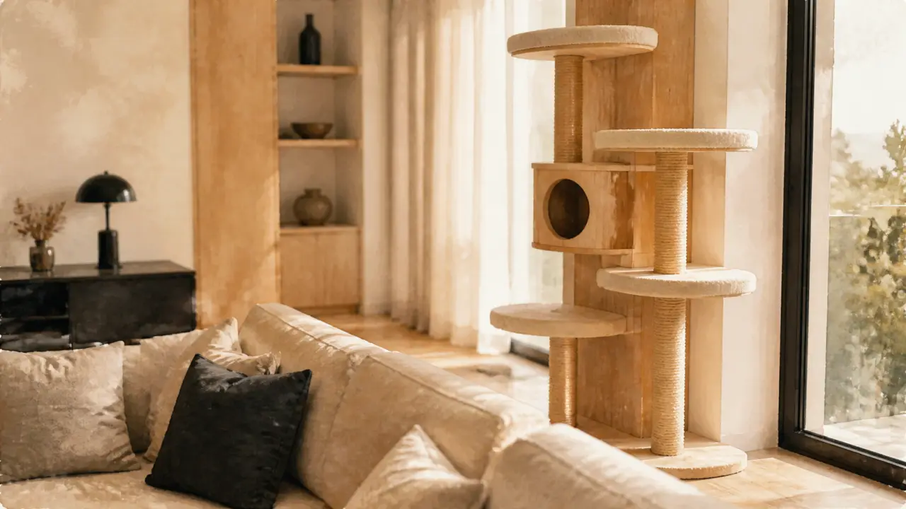 Arbre à chat design en bois clair près d’une baie vitrée
